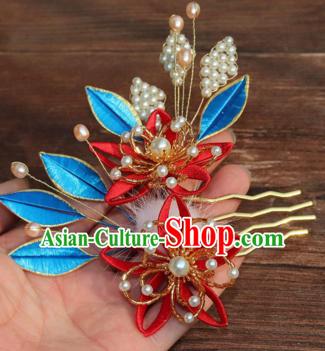 Chinese Ancient Princess Pearls Hairpin Traditional Ming Dynasty Red Silk Lily Flowers Hair Comb