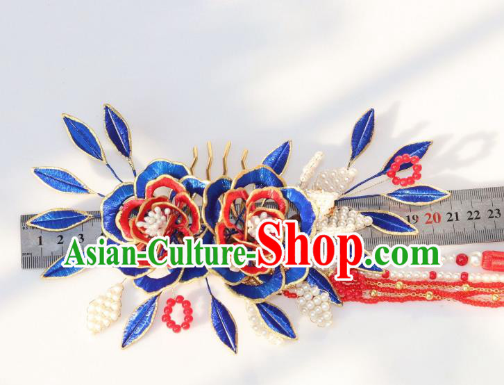 Chinese Ancient Court Lady Royalblue Silk Peony Hairpin Traditional Ming Dynasty Princess Red Tassel Hair Comb