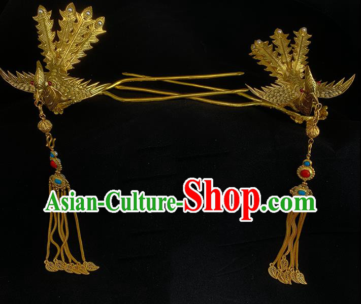 Chinese Ancient Queen Tassel Hair Stick Traditional Ming Dynasty Empress Golden Phoenix Hairpin