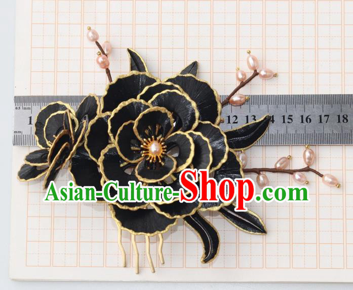 Chinese Ancient Princess Black Peony Hairpin Traditional Ming Dynasty Pearls Tassel Hair Comb