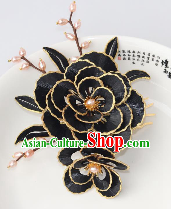 Chinese Ancient Princess Black Peony Hairpin Traditional Ming Dynasty Pearls Tassel Hair Comb