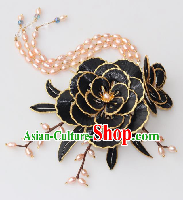 Chinese Ancient Princess Black Peony Hairpin Traditional Ming Dynasty Pearls Tassel Hair Comb
