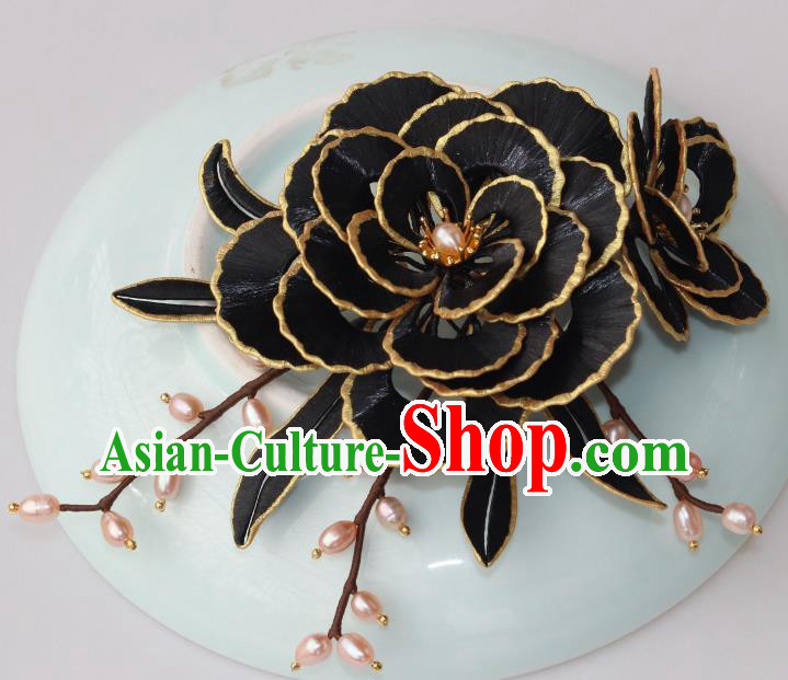 Chinese Ancient Princess Black Peony Hairpin Traditional Ming Dynasty Pearls Tassel Hair Comb