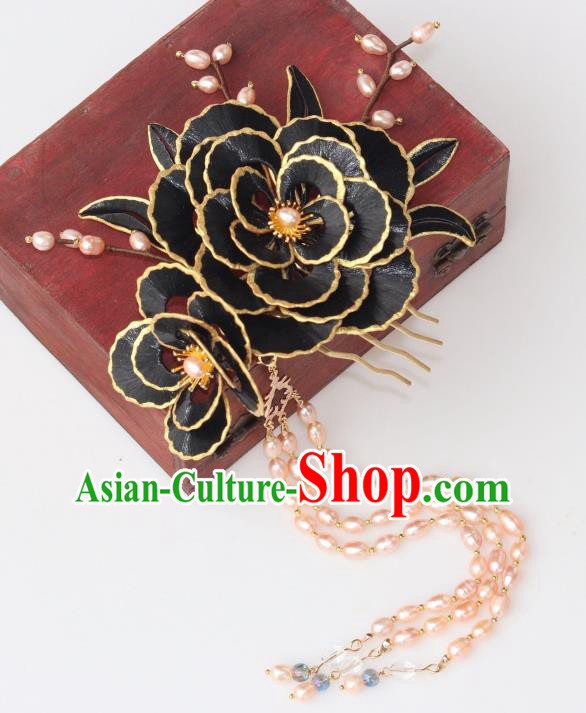 Chinese Ancient Princess Black Peony Hairpin Traditional Ming Dynasty Pearls Tassel Hair Comb