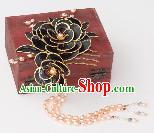 Chinese Ancient Princess Black Peony Hairpin Traditional Ming Dynasty Pearls Tassel Hair Comb