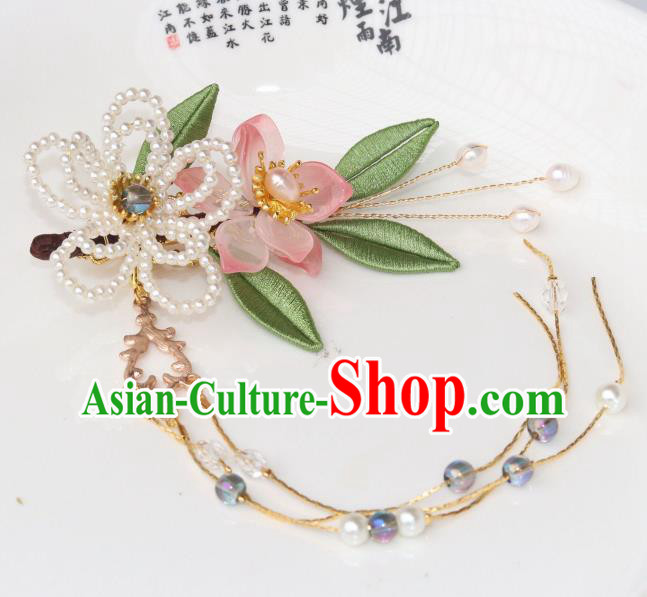 Chinese Ancient Princess Pearls Flower Hairpin Traditional Ming Dynasty Tassel Hair Claw