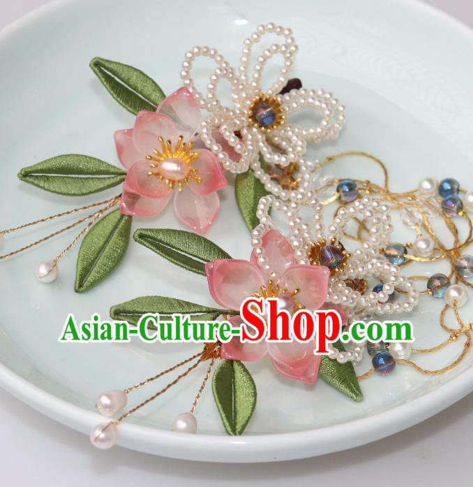Chinese Ancient Princess Pearls Flower Hairpin Traditional Ming Dynasty Tassel Hair Claw