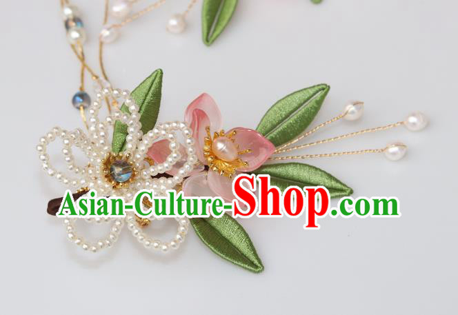 Chinese Ancient Princess Pearls Flower Hairpin Traditional Ming Dynasty Tassel Hair Claw