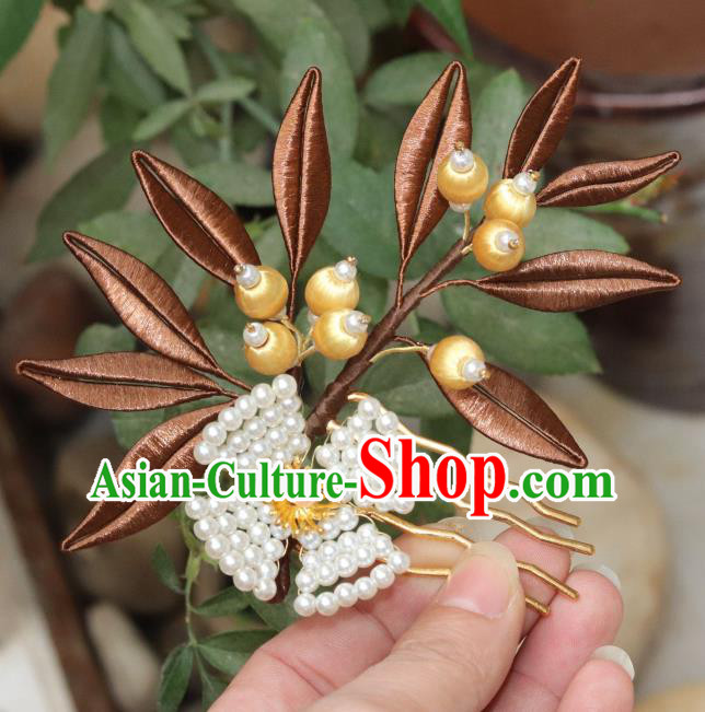 Chinese Ancient Young Lady Pearls Hairpin Traditional Ming Dynasty Brown Silk Leaf Hair Comb