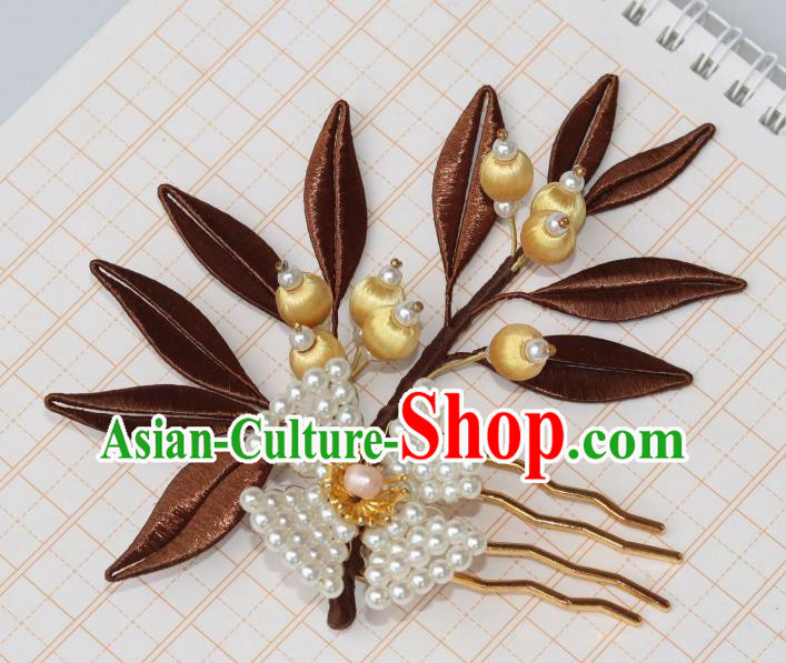 Chinese Ancient Young Lady Pearls Hairpin Traditional Ming Dynasty Brown Silk Leaf Hair Comb