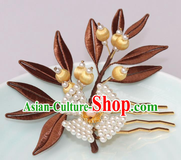 Chinese Ancient Young Lady Pearls Hairpin Traditional Ming Dynasty Brown Silk Leaf Hair Comb
