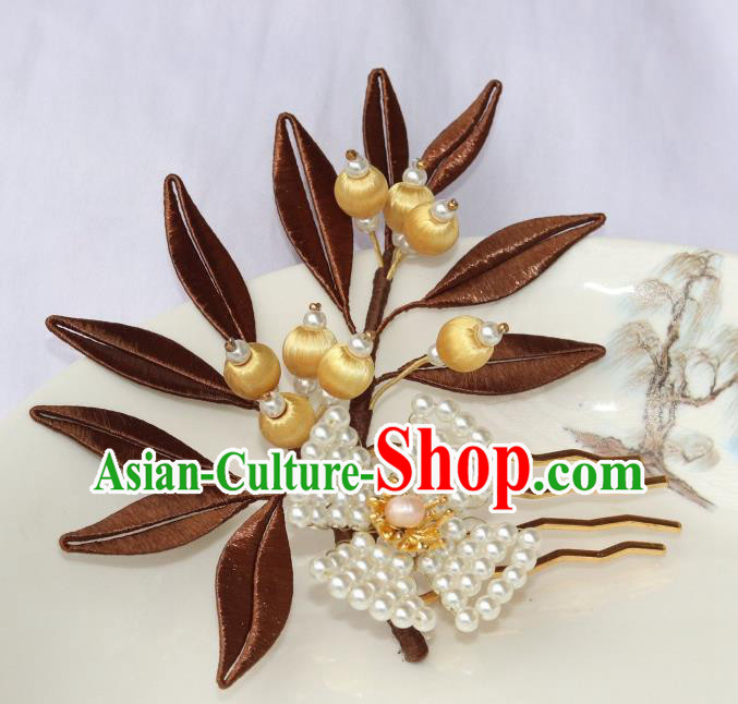 Chinese Ancient Young Lady Pearls Hairpin Traditional Ming Dynasty Brown Silk Leaf Hair Comb