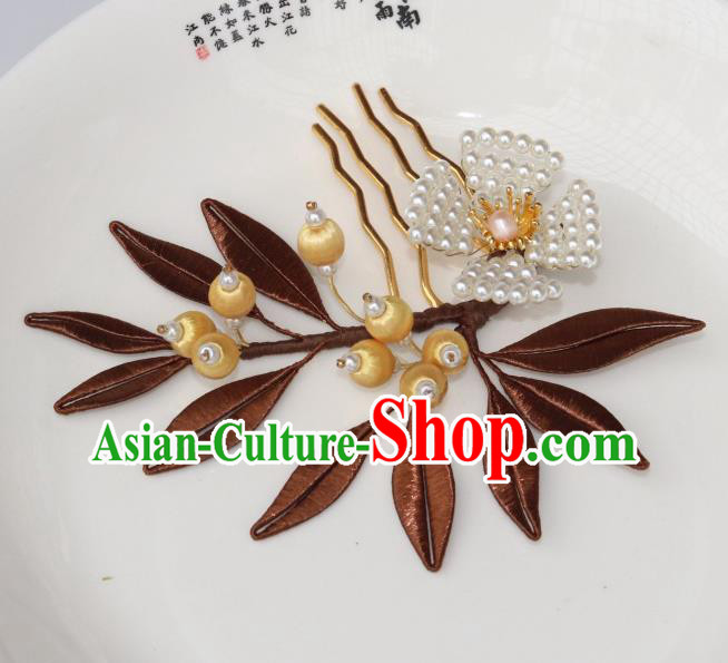 Chinese Ancient Young Lady Pearls Hairpin Traditional Ming Dynasty Brown Silk Leaf Hair Comb