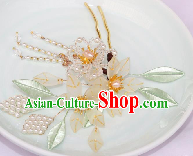 Chinese Ancient Court Woman Pear Blossom Hairpin Traditional Ming Dynasty Pearls Tassel Hair Stick