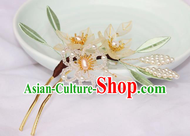 Chinese Ancient Court Woman Pear Blossom Hairpin Traditional Ming Dynasty Pearls Tassel Hair Stick