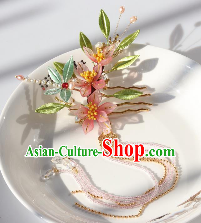 Chinese Ancient Hanfu Beads Tassel Hairpin Traditional Ming Dynasty Pink Flowers Hair Comb