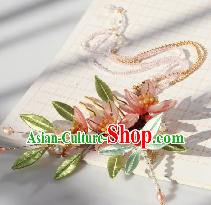 Chinese Ancient Hanfu Beads Tassel Hairpin Traditional Ming Dynasty Pink Flowers Hair Comb
