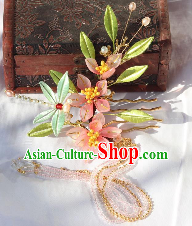 Chinese Ancient Hanfu Beads Tassel Hairpin Traditional Ming Dynasty Pink Flowers Hair Comb