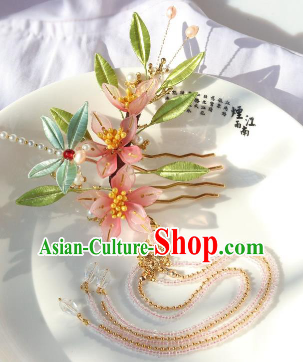 Chinese Ancient Hanfu Beads Tassel Hairpin Traditional Ming Dynasty Pink Flowers Hair Comb