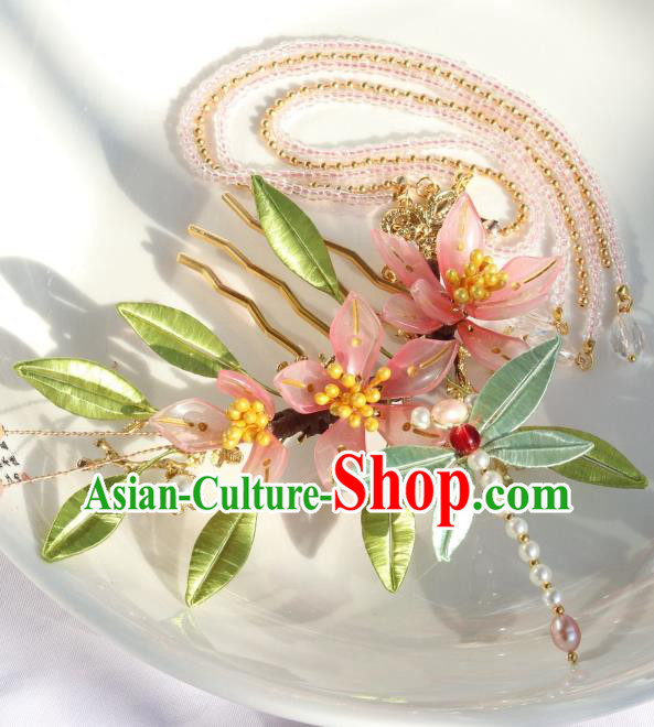 Chinese Ancient Hanfu Beads Tassel Hairpin Traditional Ming Dynasty Pink Flowers Hair Comb