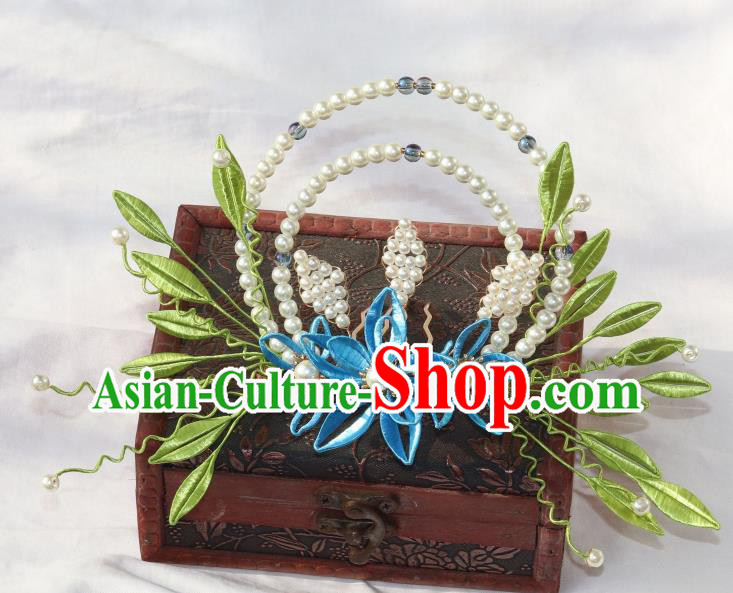 Chinese Ancient Hanfu Pearls Hair Comb Traditional Ming Dynasty Blue Silk Flowers Hair Crown