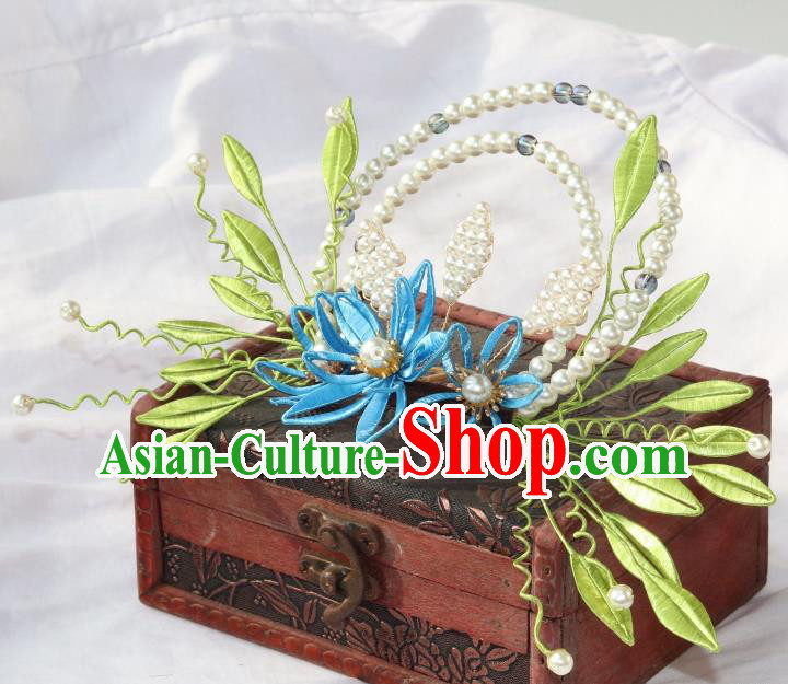 Chinese Ancient Hanfu Pearls Hair Comb Traditional Ming Dynasty Blue Silk Flowers Hair Crown
