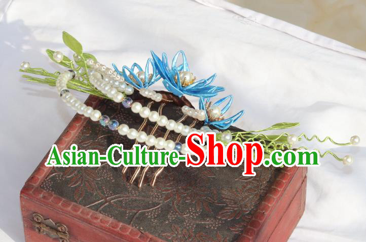 Chinese Ancient Hanfu Pearls Hair Comb Traditional Ming Dynasty Blue Silk Flowers Hair Crown