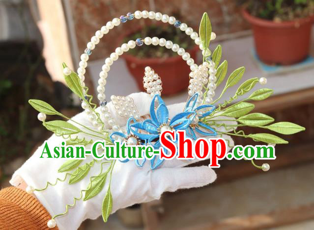 Chinese Ancient Hanfu Pearls Hair Comb Traditional Ming Dynasty Blue Silk Flowers Hair Crown