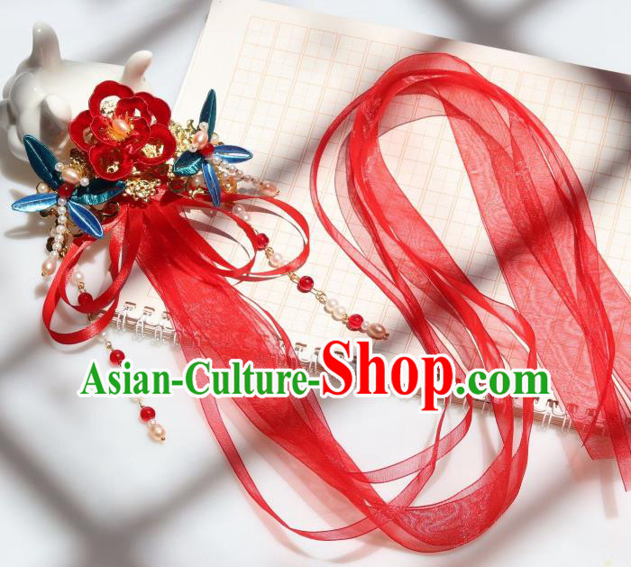 Chinese Ancient Princess Red Silk Ribbon Hair Claw Handmade Hanfu Tassel Hair Accessories