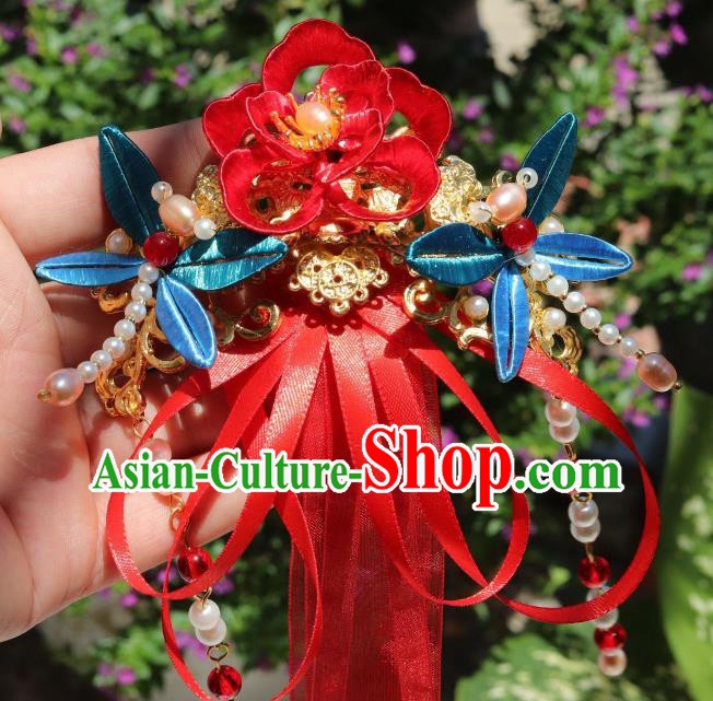 Chinese Ancient Princess Red Silk Ribbon Hair Claw Handmade Hanfu Tassel Hair Accessories