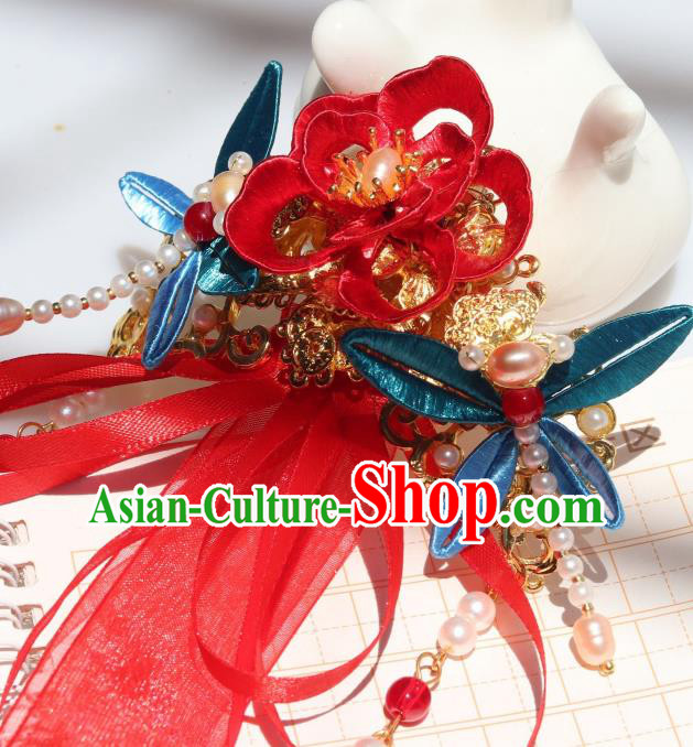 Chinese Ancient Princess Red Silk Ribbon Hair Claw Handmade Hanfu Tassel Hair Accessories