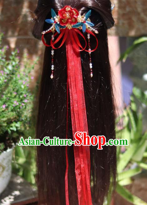 Chinese Ancient Princess Red Silk Ribbon Hair Claw Handmade Hanfu Tassel Hair Accessories