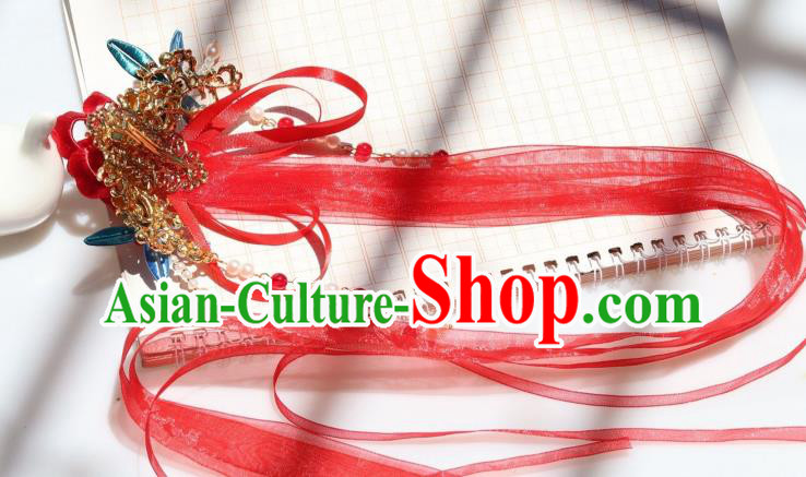Chinese Ancient Princess Red Silk Ribbon Hair Claw Handmade Hanfu Tassel Hair Accessories