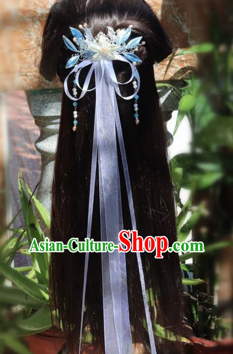 Chinese Handmade Hanfu Tassel Hair Accessories Ancient Princess White Silk Ribbon Hair Claw