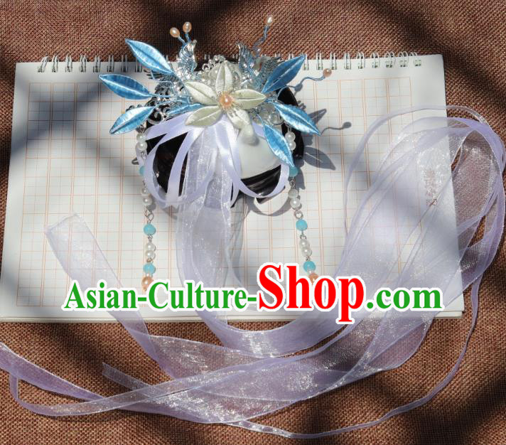 Chinese Handmade Hanfu Tassel Hair Accessories Ancient Princess White Silk Ribbon Hair Claw