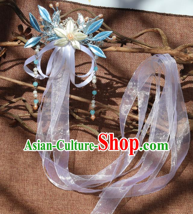 Chinese Handmade Hanfu Tassel Hair Accessories Ancient Princess White Silk Ribbon Hair Claw