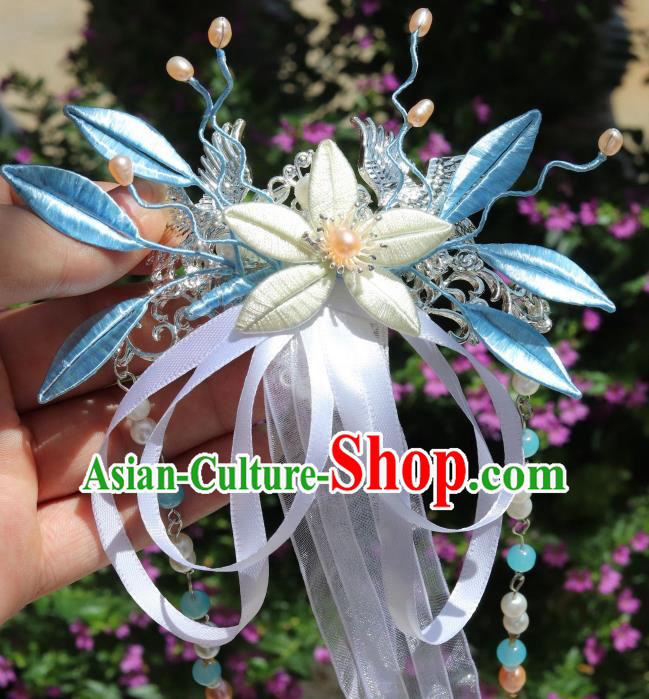 Chinese Handmade Hanfu Tassel Hair Accessories Ancient Princess White Silk Ribbon Hair Claw