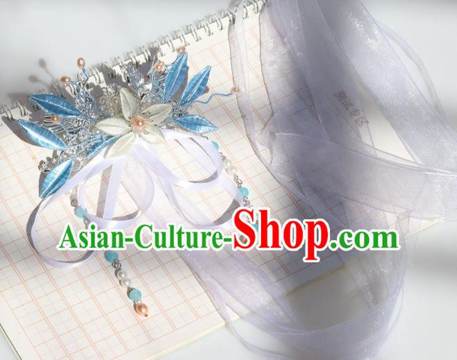 Chinese Handmade Hanfu Tassel Hair Accessories Ancient Princess White Silk Ribbon Hair Claw