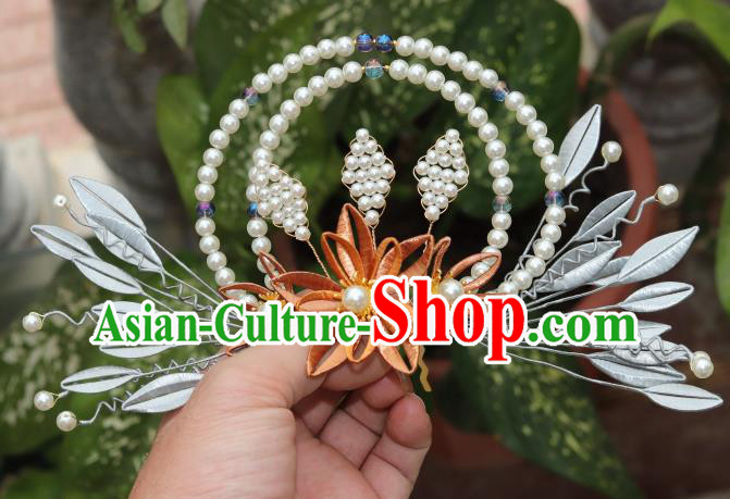 Chinese Traditional Ming Dynasty Orange Silk Flowers Hair Crown Ancient Hanfu Pearls Hair Comb