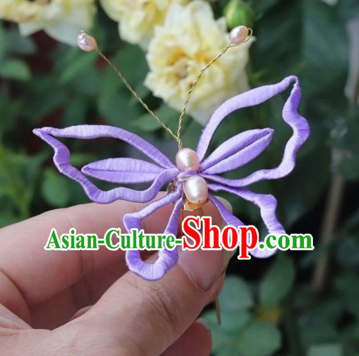 Chinese Handmade Hanfu Pearls Hairpin Ancient Princess Purple Silk Butterfly Hair Stick
