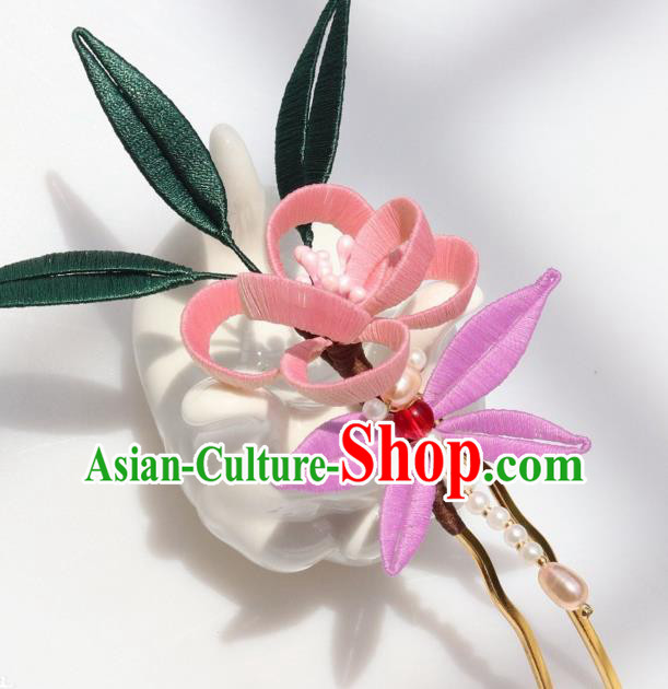 Chinese Handmade Hanfu Pink Flowers Hairpin Ancient Palace Lady Pearls Dragonfly Hair Stick