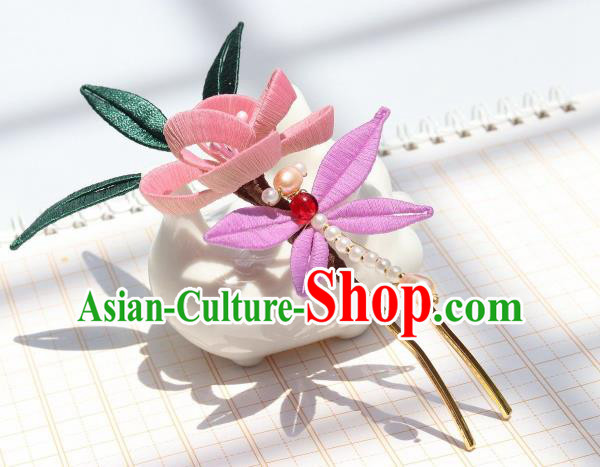 Chinese Handmade Hanfu Pink Flowers Hairpin Ancient Palace Lady Pearls Dragonfly Hair Stick