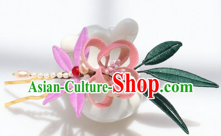 Chinese Handmade Hanfu Pink Flowers Hairpin Ancient Palace Lady Pearls Dragonfly Hair Stick