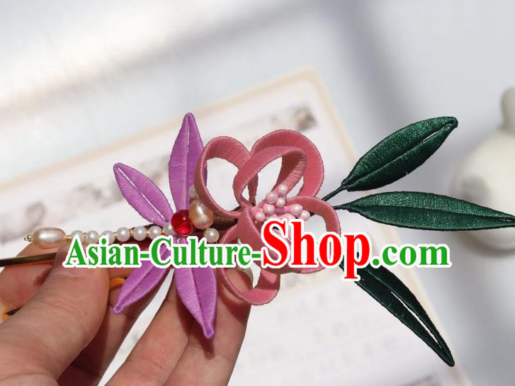 Chinese Handmade Hanfu Pink Flowers Hairpin Ancient Palace Lady Pearls Dragonfly Hair Stick