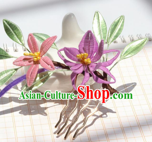Chinese Handmade Ming Dynasty Hanfu Hairpin Ancient Princess Purple Lily Flower Hair Comb
