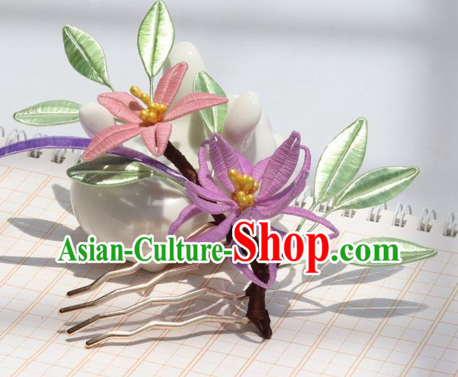 Chinese Handmade Ming Dynasty Hanfu Hairpin Ancient Princess Purple Lily Flower Hair Comb