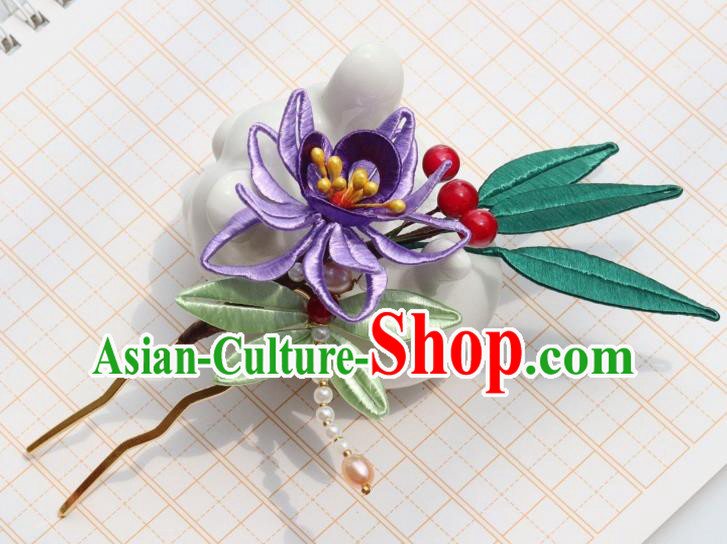 Chinese Ancient Princess Purple Silk Flower Hair Stick Handmade Song Dynasty Court Pearls Hairpin