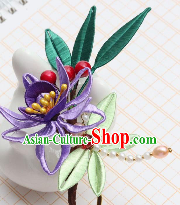 Chinese Ancient Princess Purple Silk Flower Hair Stick Handmade Song Dynasty Court Pearls Hairpin