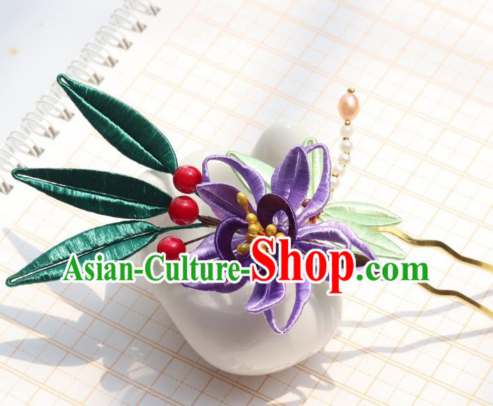 Chinese Ancient Princess Purple Silk Flower Hair Stick Handmade Song Dynasty Court Pearls Hairpin