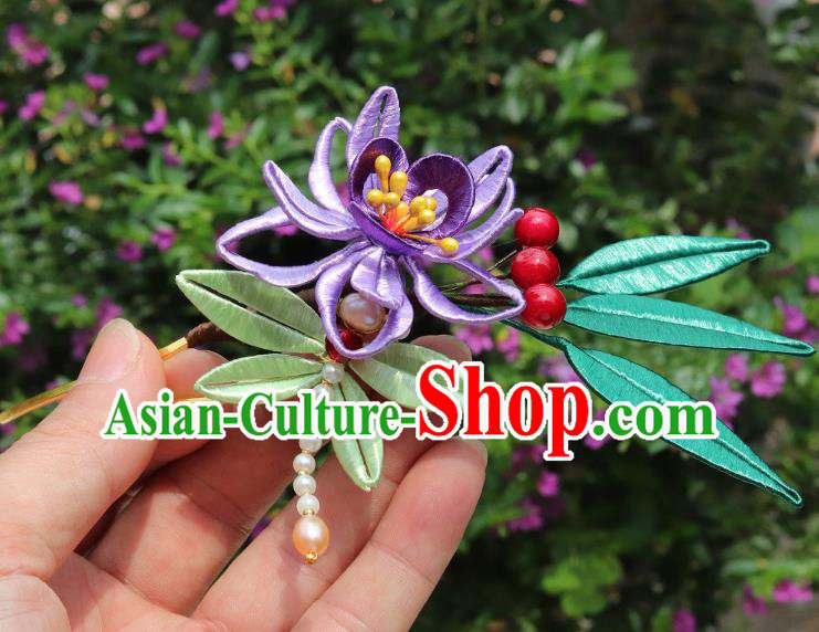 Chinese Ancient Princess Purple Silk Flower Hair Stick Handmade Song Dynasty Court Pearls Hairpin